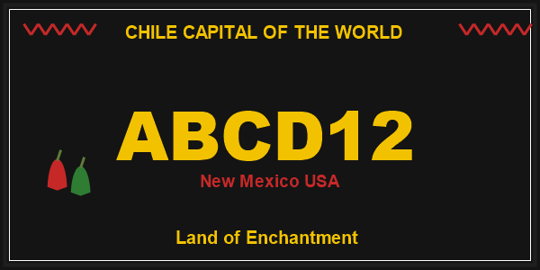 New Mexico chile license plate with yellow characters on a black field, red and green chile peppers at the left and Chile Capital of the World across the top