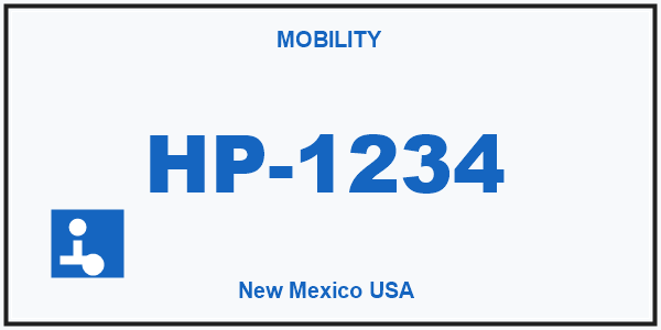 New Mexico limited mobility license plate with blue characters and the mobility symbol