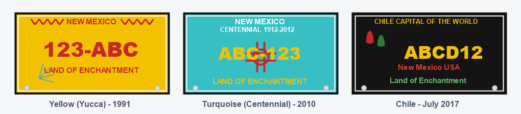 Three New Mexico standard license plate designs side by side: yellow yucca, turquoise Centennial and chile