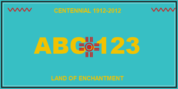 New Mexico turquoise Centennial license plate with yellow characters, the Zia sun symbol in the center and Centennial 1912-2012 across the top