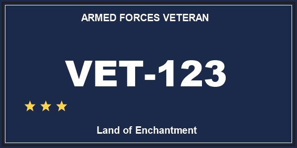 New Mexico armed forces veteran license plate with white characters and a service line across the top
