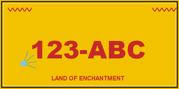 New Mexico yellow yucca license plate with red characters on a yellow field, a light blue yucca at the lower left and Land of Enchantment along the bottom